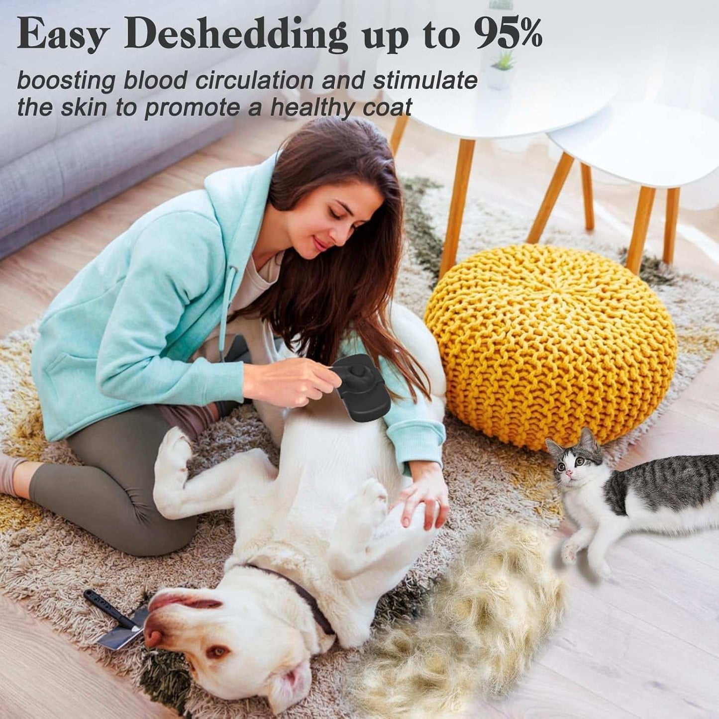Pet Self Cleaning Brush used by woman grooming dog indoors with cat nearby and loose fur on floor