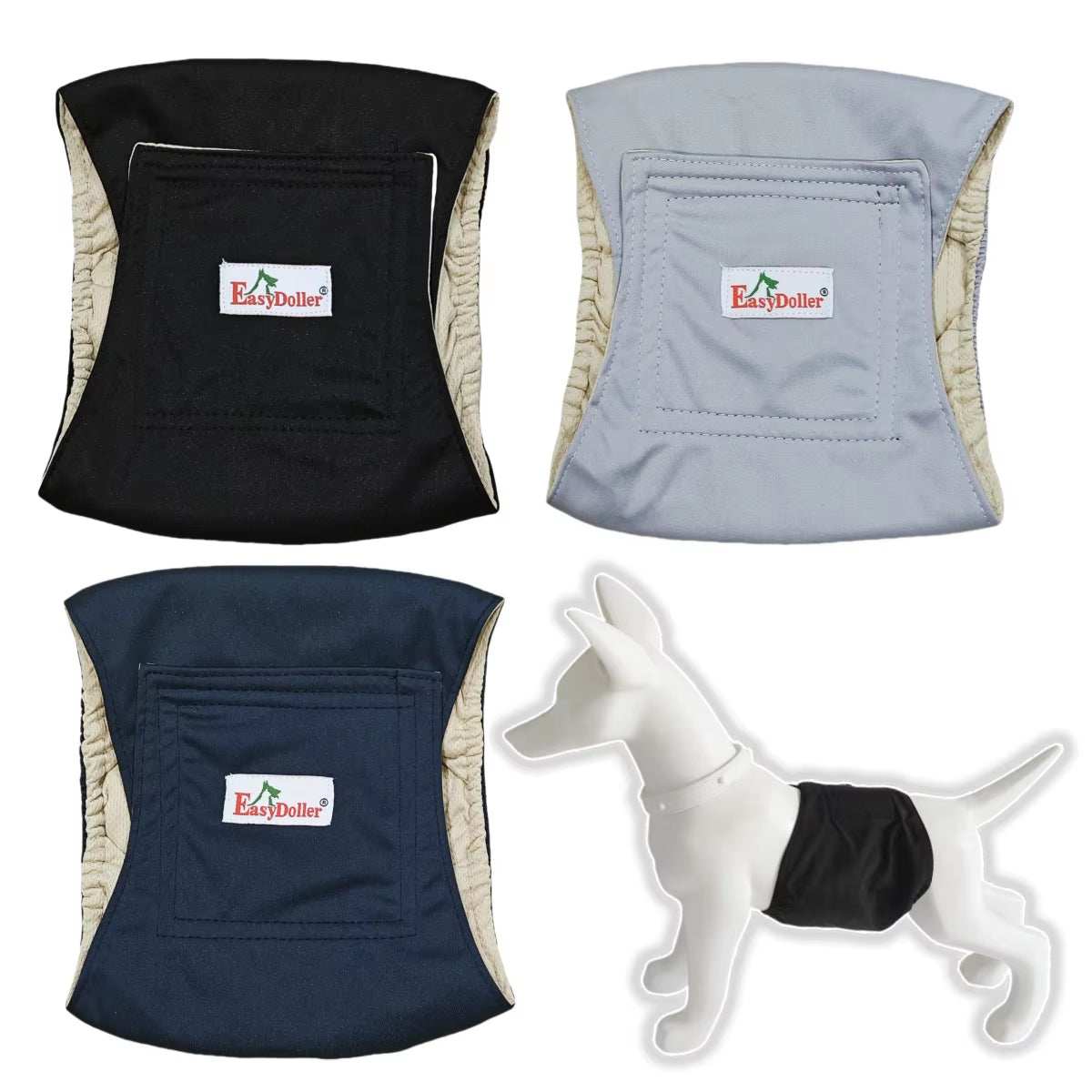 Reusable Dog Care Diaper set of three in multiple colors, eco-friendly, adjustable, and leak-proof.