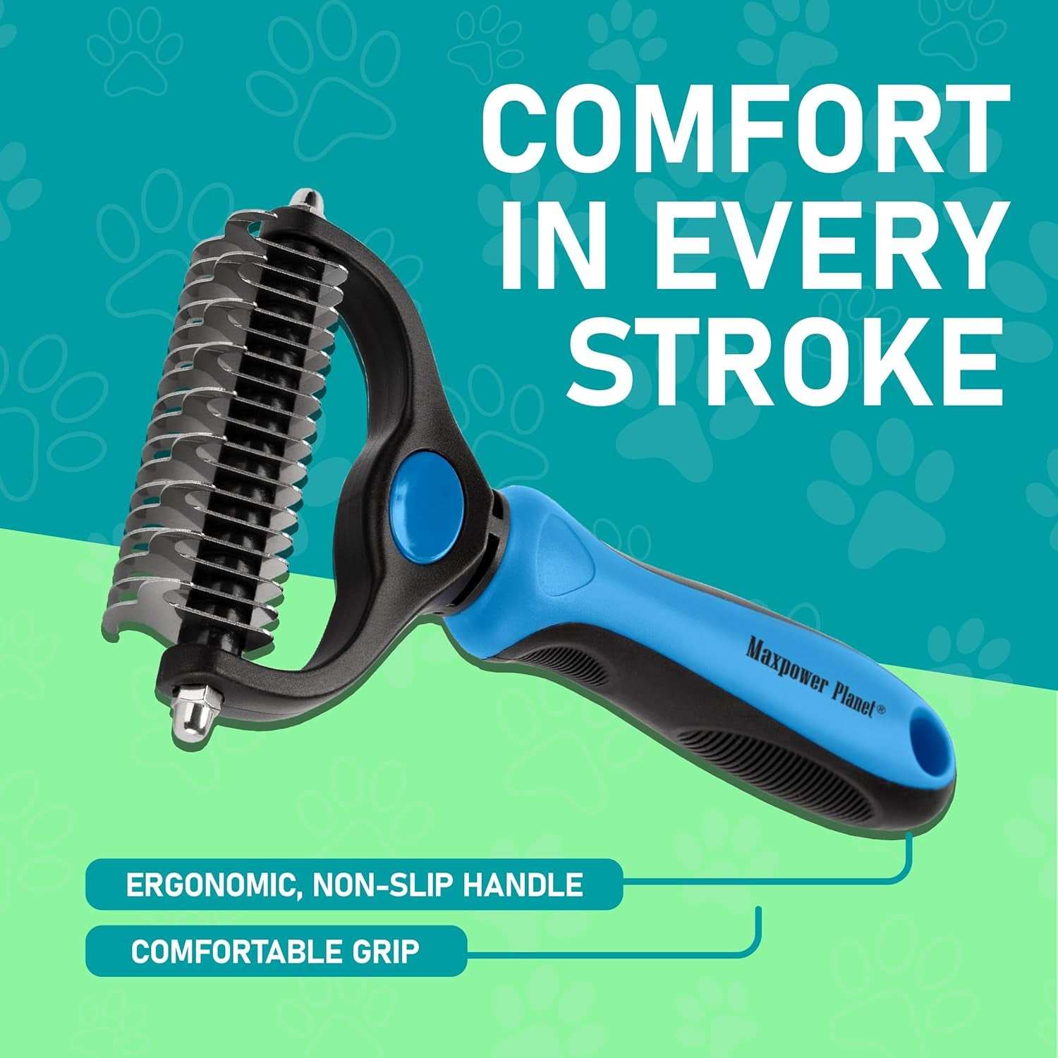 Double-Sided Pet Grooming Rake with ergonomic non-slip handle and comfortable grip for deshedding and dematting long-haired dogs and cats.