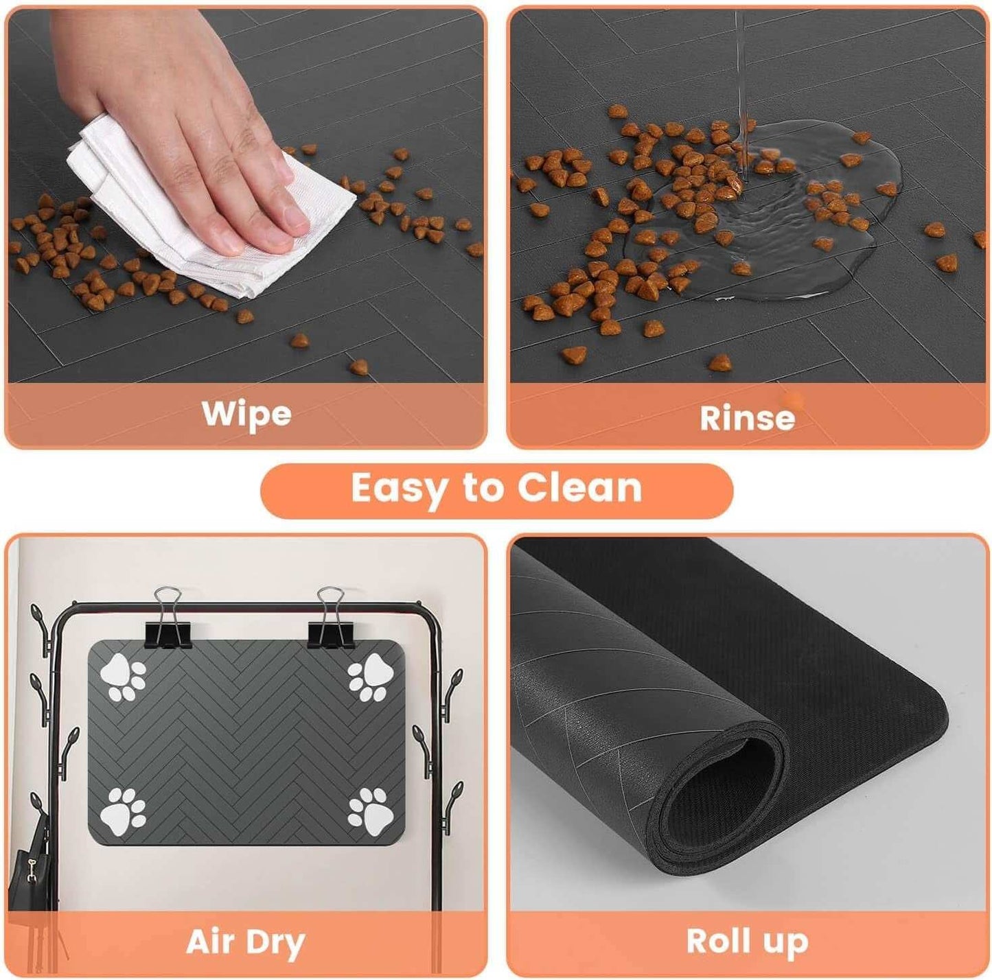 Pet waterproof feeding mat with non-slip backing, quick-dry absorbent surface, dark gray striped design, easy to clean by wiping or rinsing, and rolls up for storage.