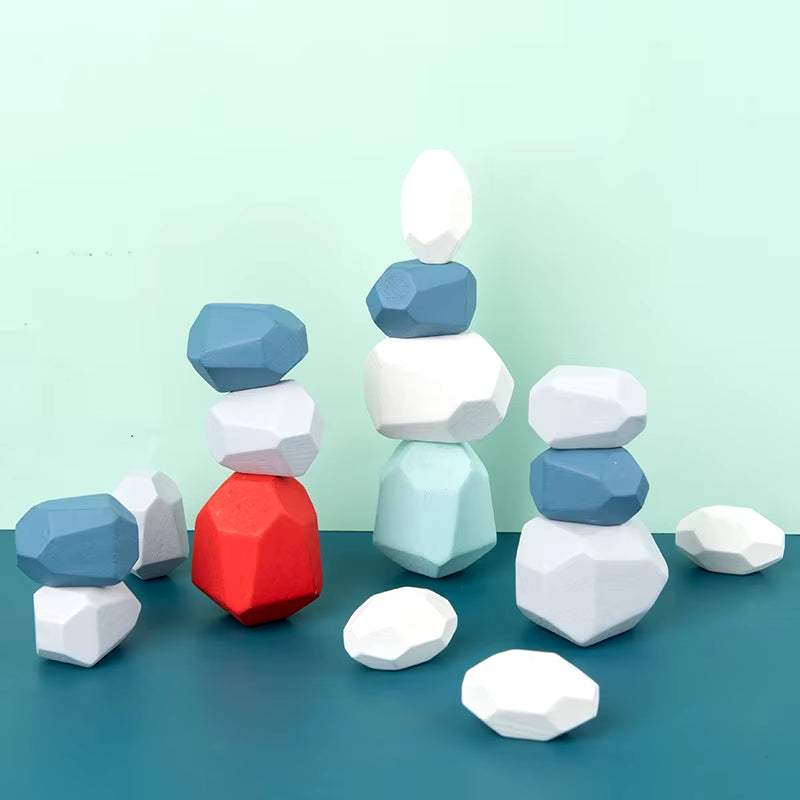 Colorful wooden stacking stones toy for toddlers, designed for sensory development and Montessori-inspired play.