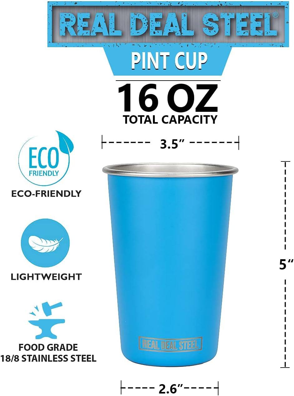Eco-friendly premium metal drinking glass, 16 oz capacity, durable, stackable, reusable, sleek design.