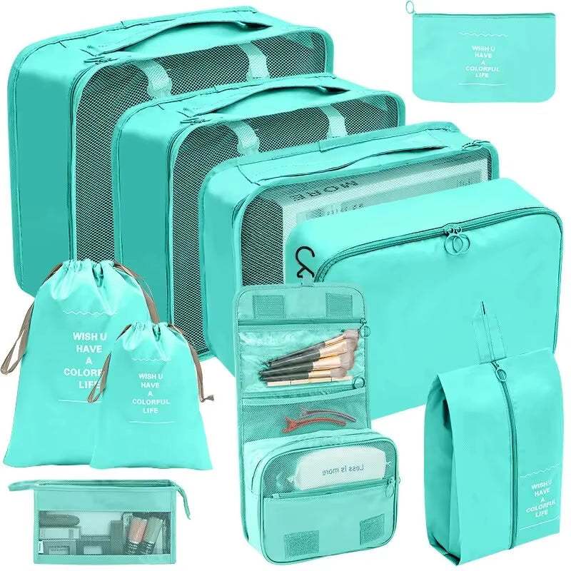 Travel organizer storage bag set for efficient packing in various sizes, including cubes, pouches, and laundry bags.