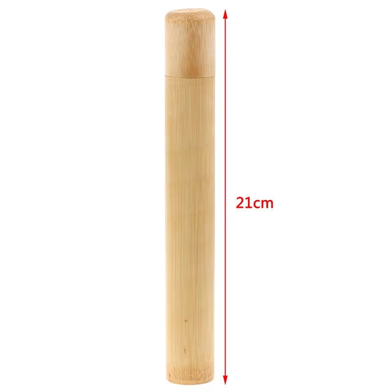 Portable travel bamboo toothbrush tube, eco-friendly and handmade, 21cm size, natural bamboo color.