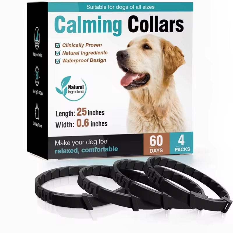 Black adjustable calming pheromone collars for dogs with natural ingredients, waterproof design, 25-inch length, 0.6-inch width, 4-pack for 60 days of anxiety relief