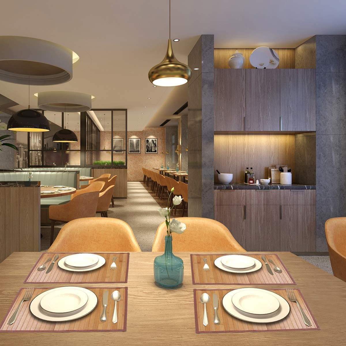 Bamboo Table Mat with elegant natural bamboo placemats in modern kitchen setting.