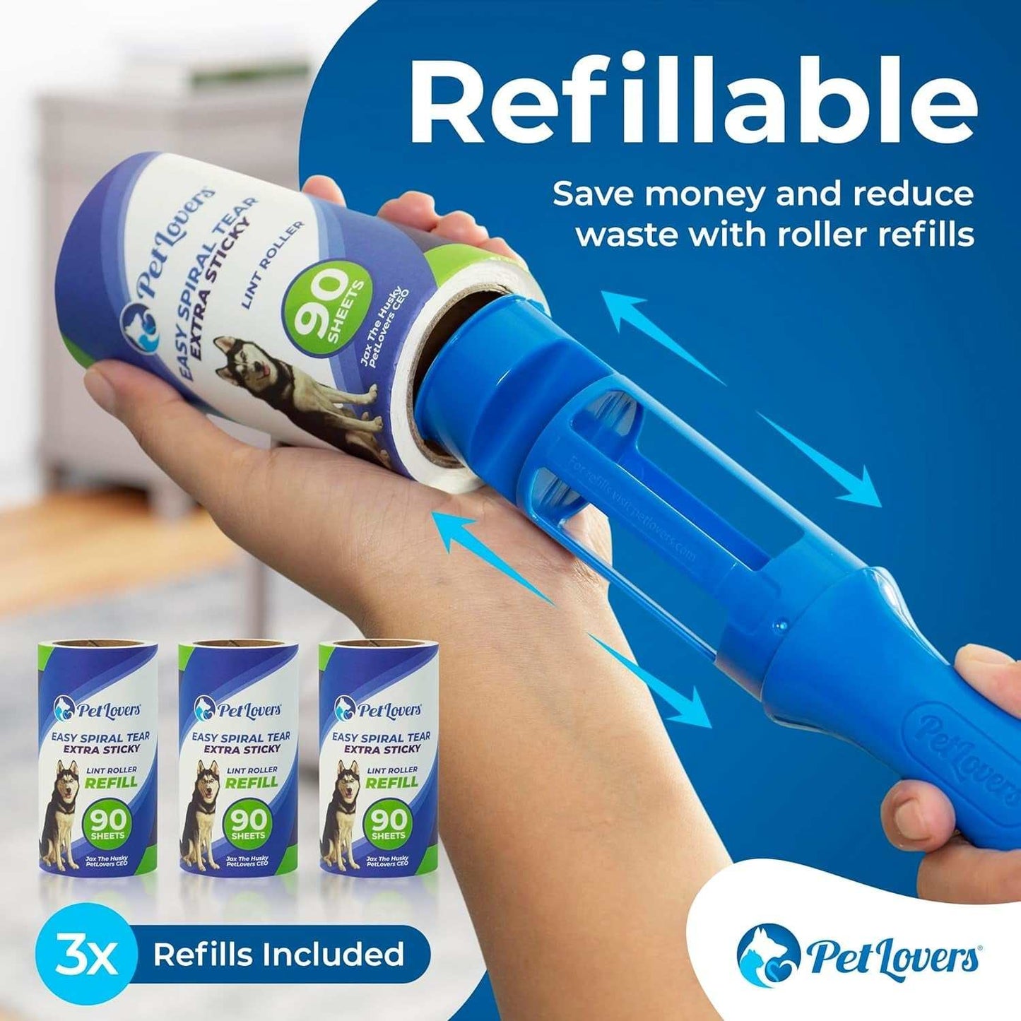 Pet Hair Removal Lint Roller with 3 refill packs, extra sticky sheets, reusable handle for efficient pet hair and lint removal.
