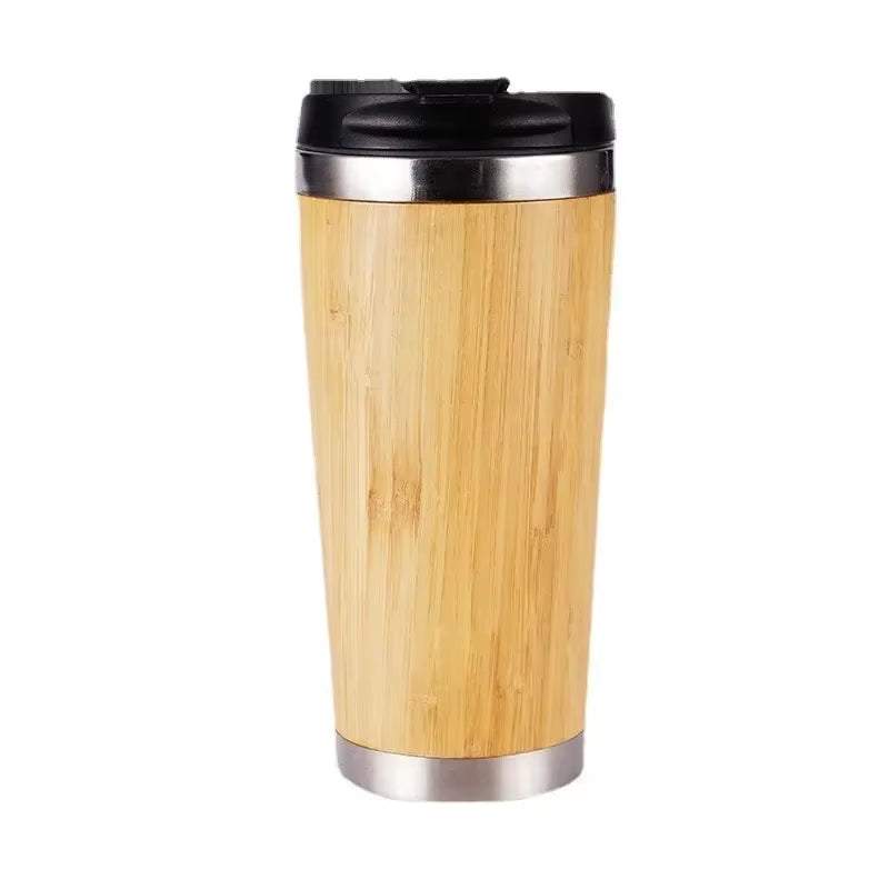 Eco-friendly travel cup mug with natural bamboo exterior and stainless steel accents.