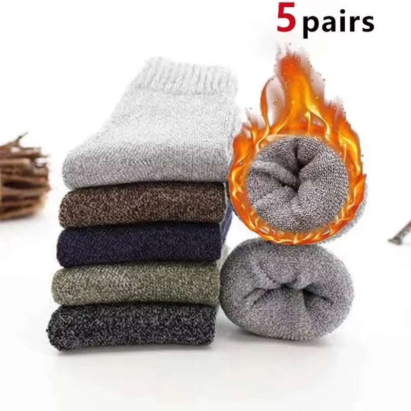 Warm solid color Warm Socks in towel-like texture, 5 pairs, showcasing cozy and insulating wool blend ideal for cold weather.