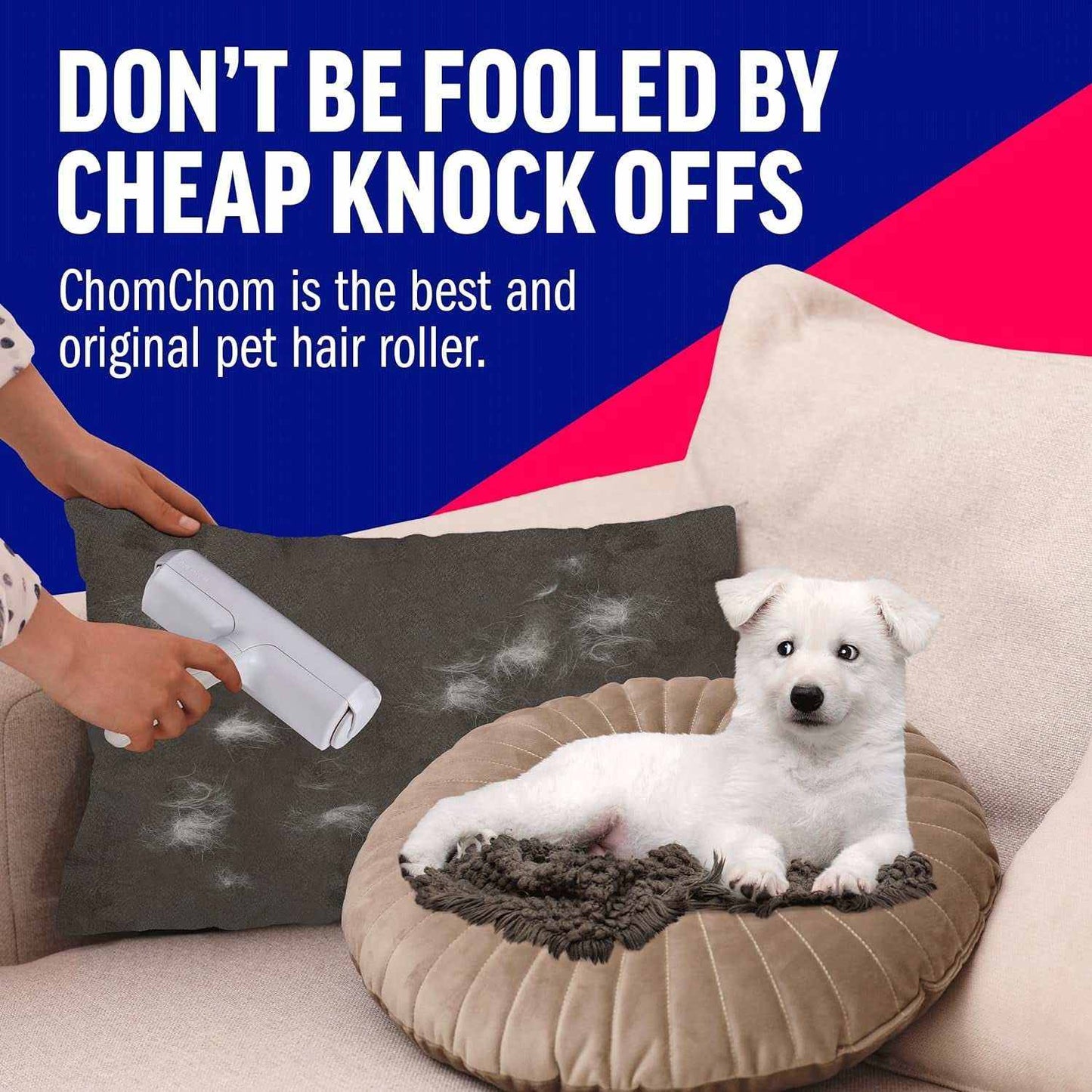 Person using Chom Chom Roller pet hair remover on couch with white puppy nearby.