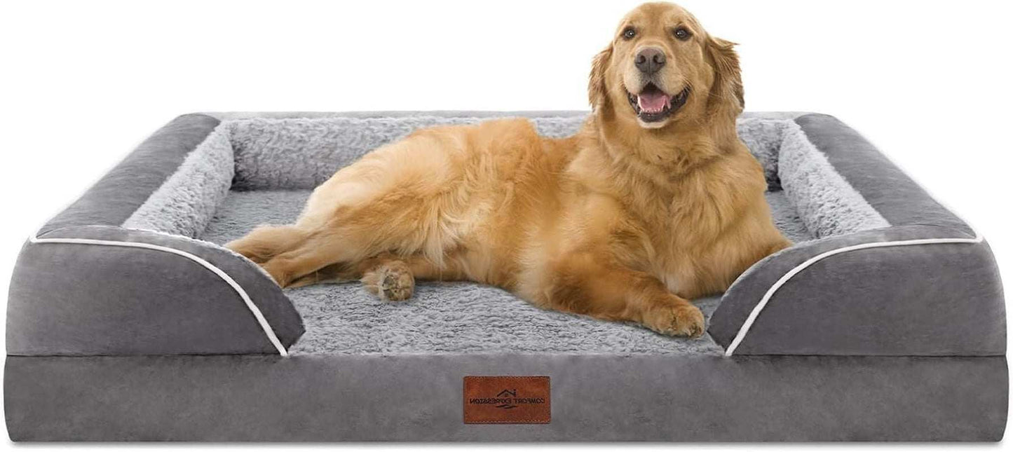 Large dog lying on a gray waterproof orthopedic foam bed with bolstered sides and non-slip bottom