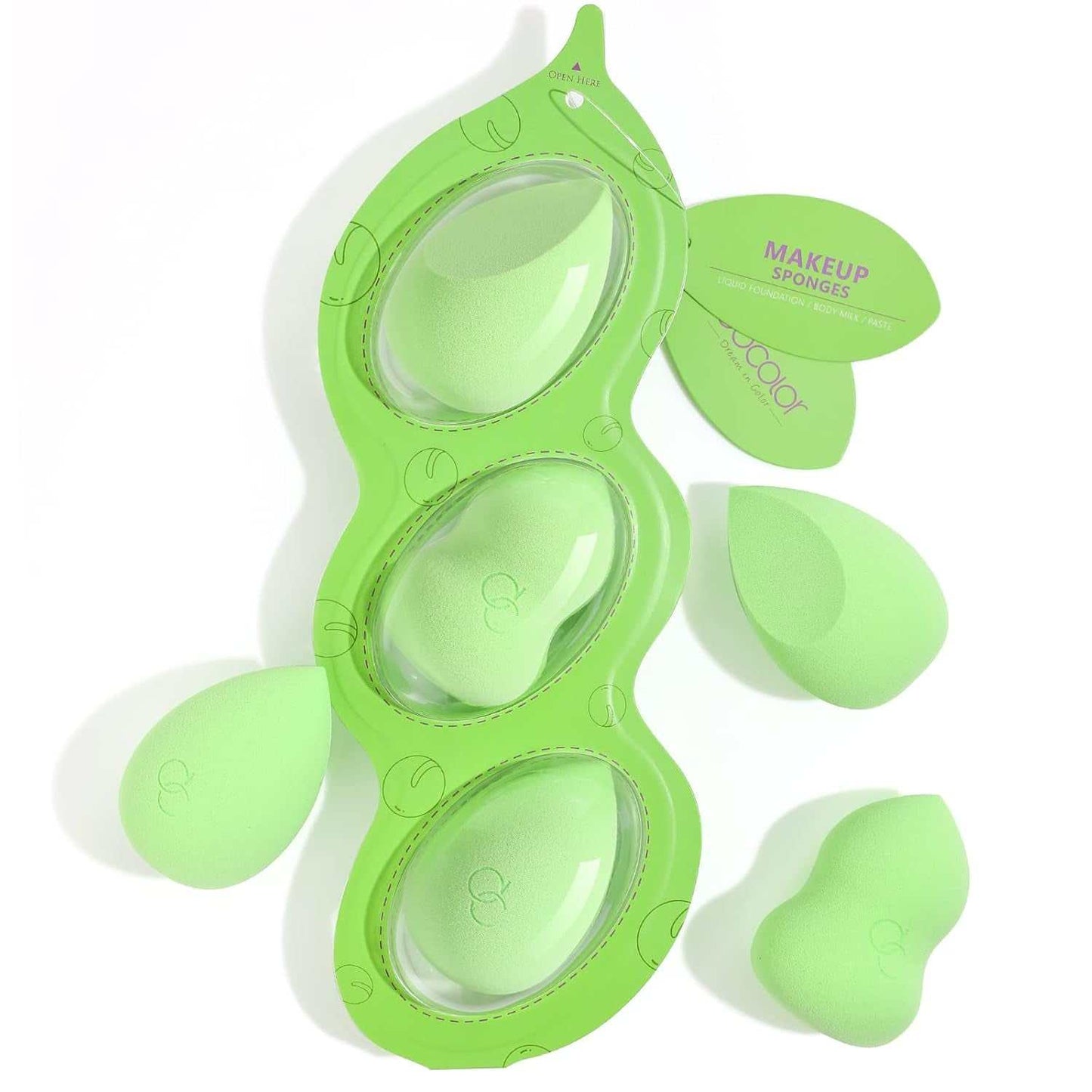 Neon green makeup brush and sponge set with pea pod design, ideal for vibrant and flawless application.