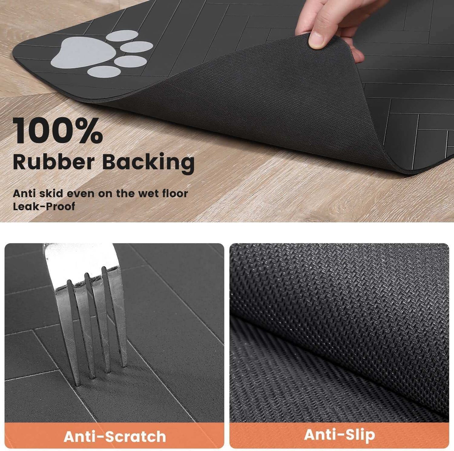Pet Waterproof Feeding Mat with 100% rubber anti-slip backing, waterproof, quick-dry, and anti-scratch surface for pet food and water bowls.
