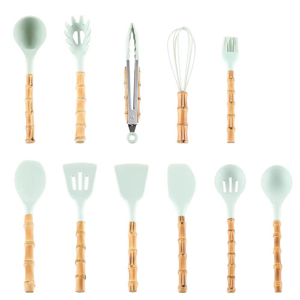 Eco-friendly Bamboo kitchenware root and silicone kitchenware set with ergonomic design, heat-resistant, suitable for non-stick cookware.