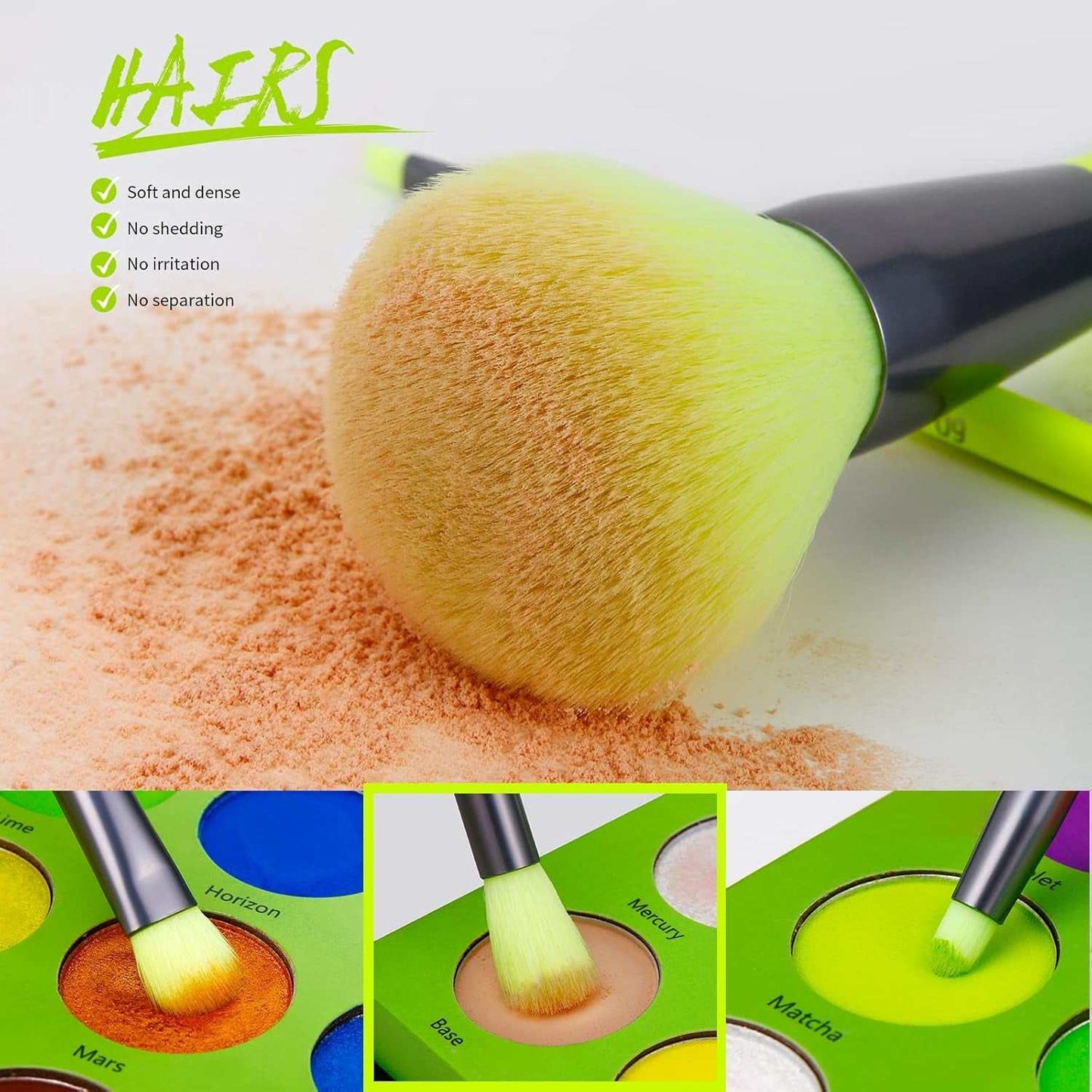 Neon green makeup brush and sponge set with premium synthetic bristles, perfect for flawless application and blending.