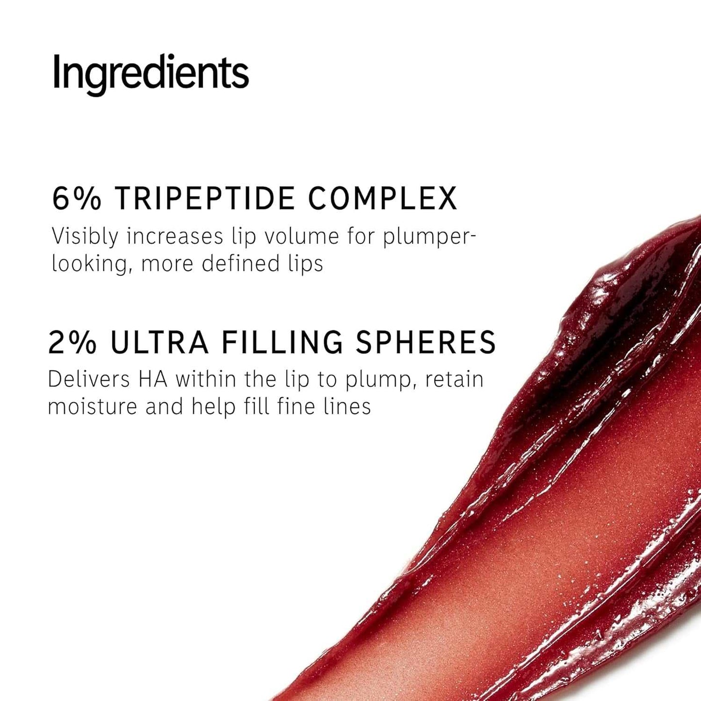 Cruelty-Free Tripeptide Plumping Lip Balm ingredients list showing 6% tripeptide complex and 2% ultra filling spheres for enhanced lip volume and moisture retention.