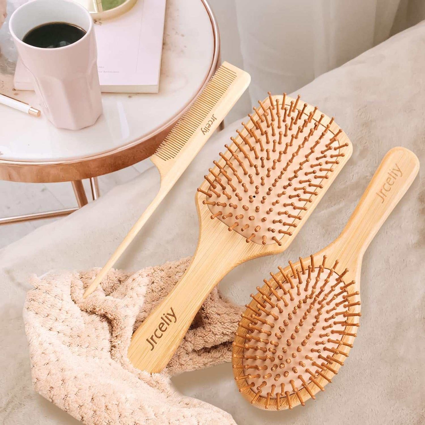 Eco-friendly Bamboo Hair Brush set with anti-static bristles.