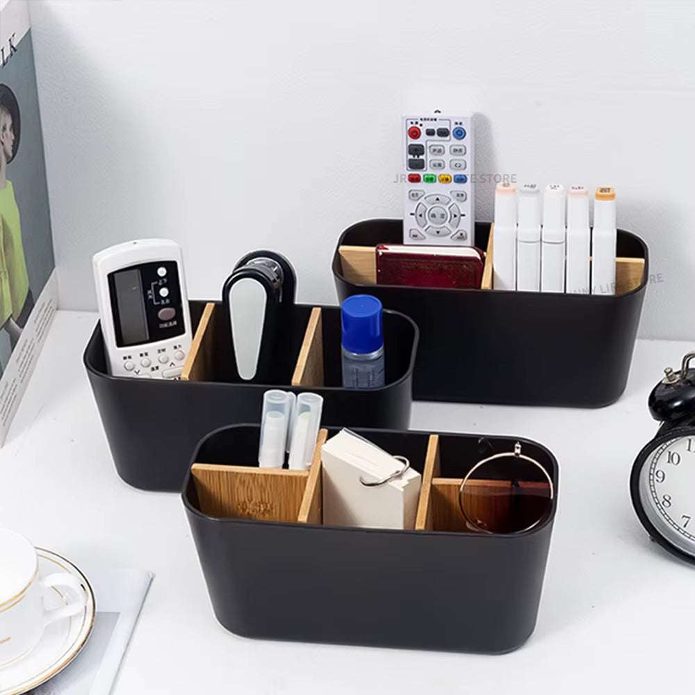 Black multi-compartment organizer boxes for bathroom or desk essentials storage