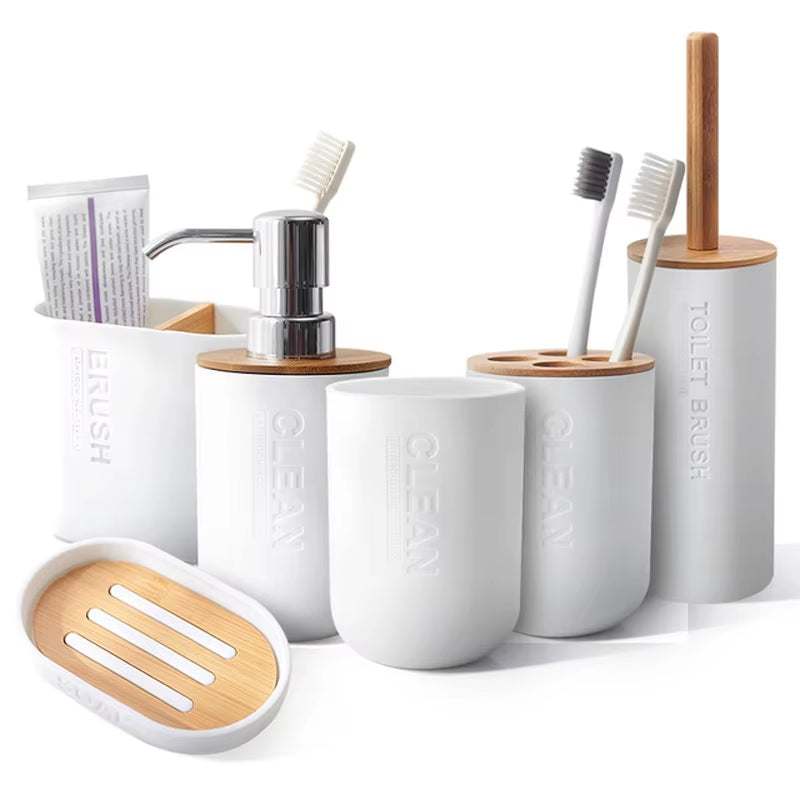 Modern bamboo bathroom decoration set with toothbrush holder, soap dispenser, and toilet brush in white and natural wood finish