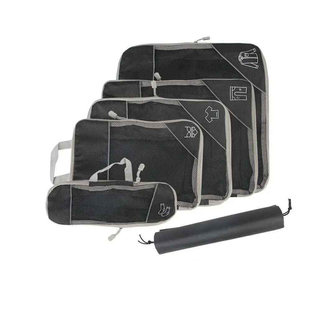 Travel storage organizer set in black, featuring multiple packing cubes with breathable mesh design for efficient luggage organization.