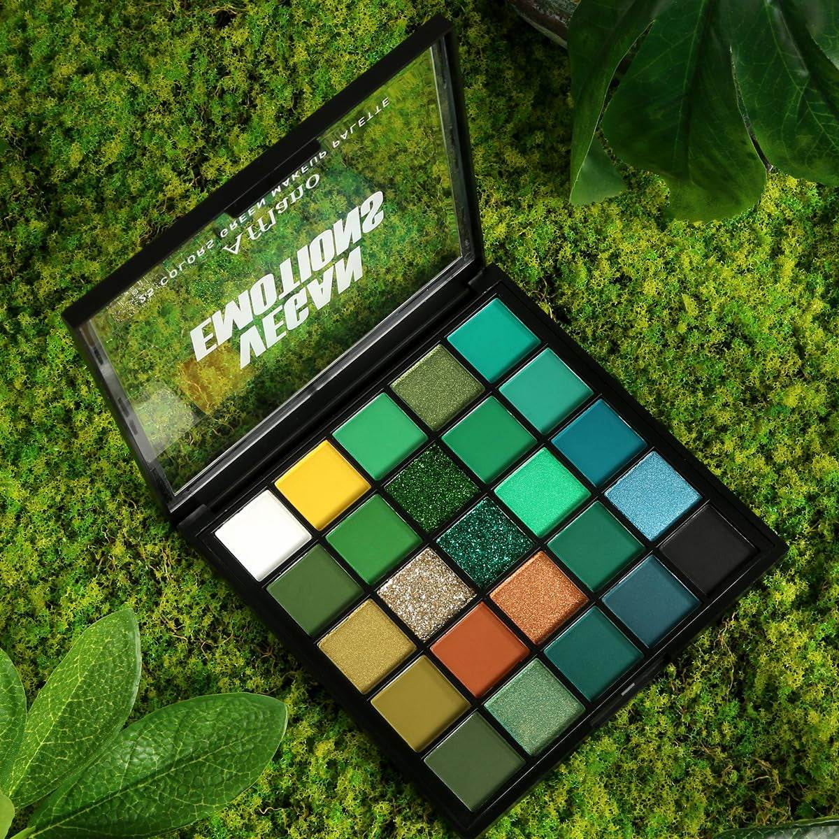 Emerald green eyeshadow palette with 25 matte, shimmer, and glitter shades on a green textured background.