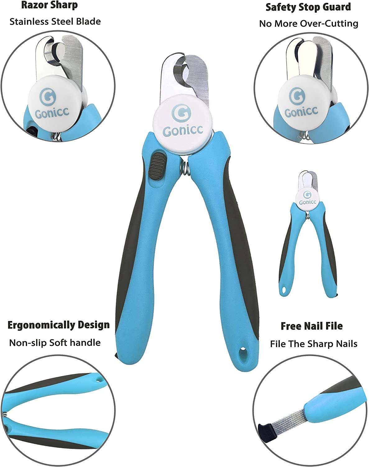 Blue and black ergonomic dog nail clipper with stainless steel blade and safety guard, includes free nail file for pet grooming.