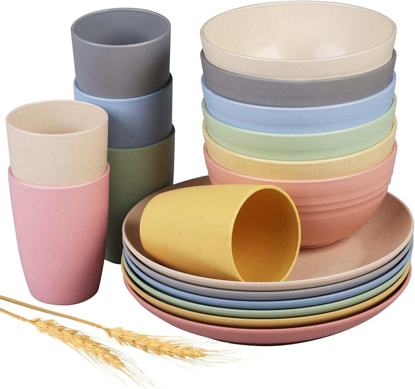 Unbreakable dinnerware set with plates, bowls, and cups in assorted colors.