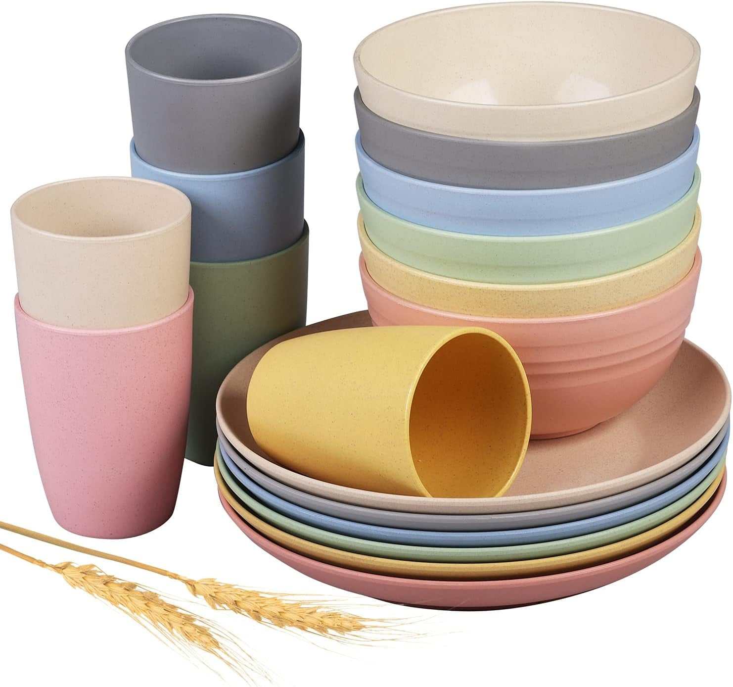 Unbreakable dinnerware set with plates, bowls, and cups in assorted colors.