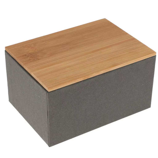 Kitchen metal storage box with airtight metal body and natural bamboo lid for food organization and freshness.