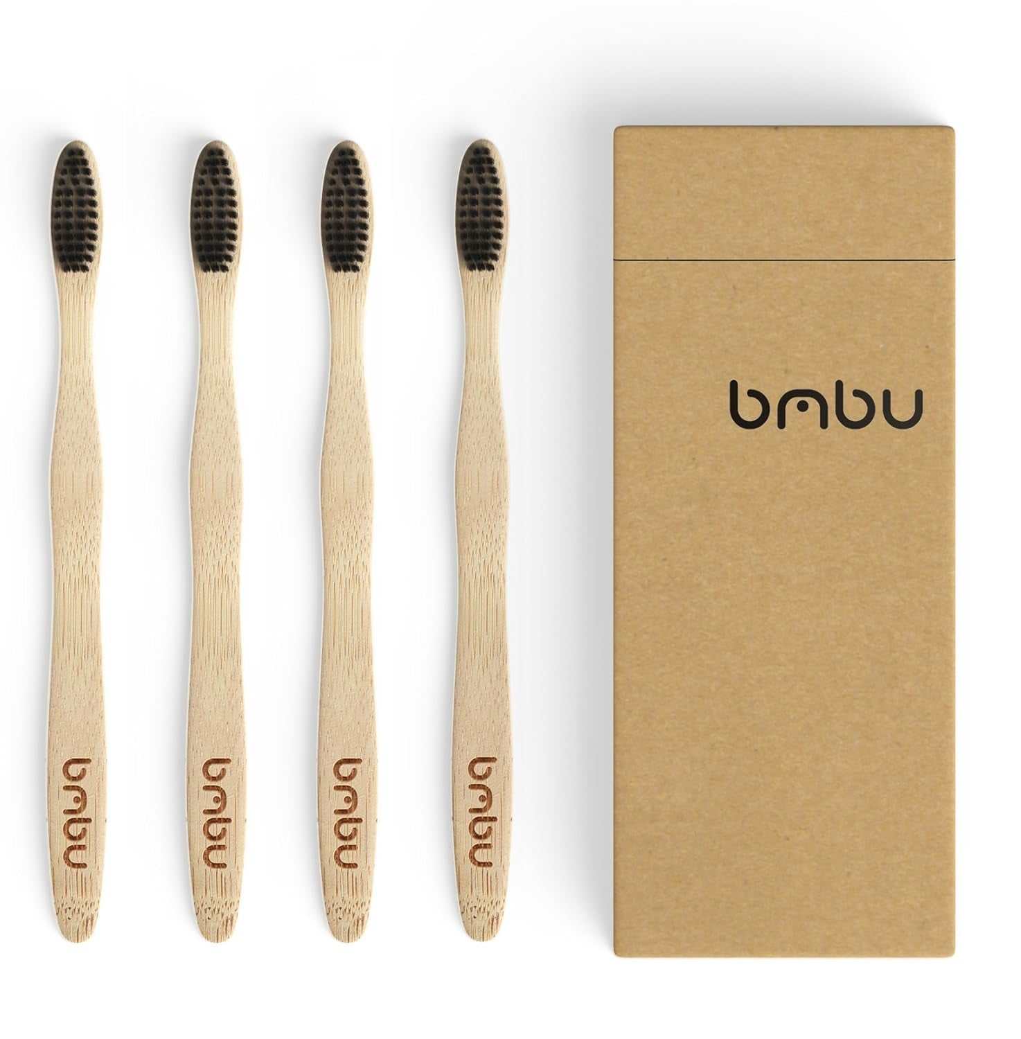 Eco-friendly wooden toothbrushes made from bamboo with charcoal bristles, alongside recyclable packaging.