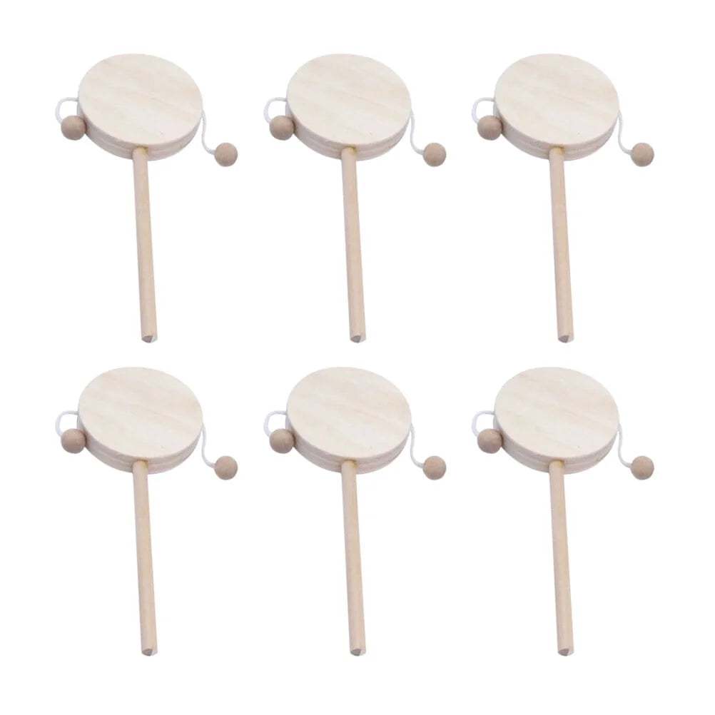 DIY rattle-drum kit with six unfinished wooden drums for crafting and creativity.