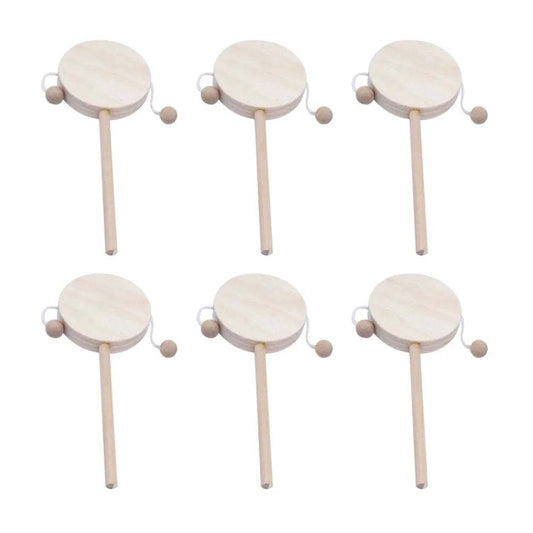 DIY rattle-drum kit with six unfinished wooden drums for crafting and creativity.