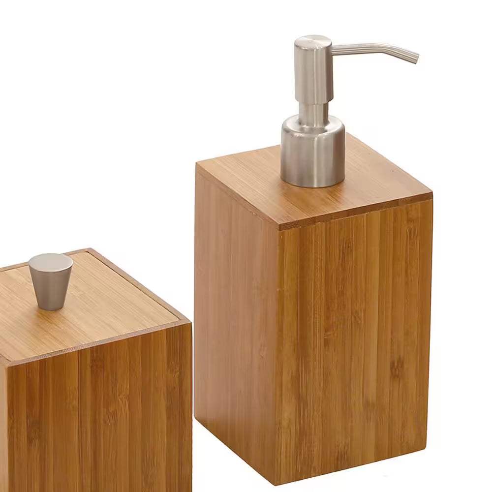 Bamboo Waste Basket accessory set with pump dispenser and container, featuring a sleek and eco-friendly design.