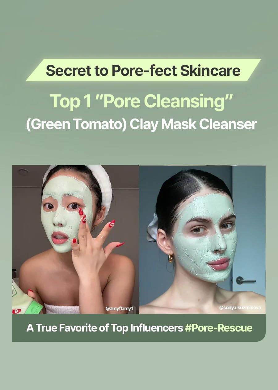 Green Tomato Clay Mask Cleanser – Pore Purifying with 49% Green Tomato Extract | Exfoliating & Sebum Control | Fragrance-Free & Vegan