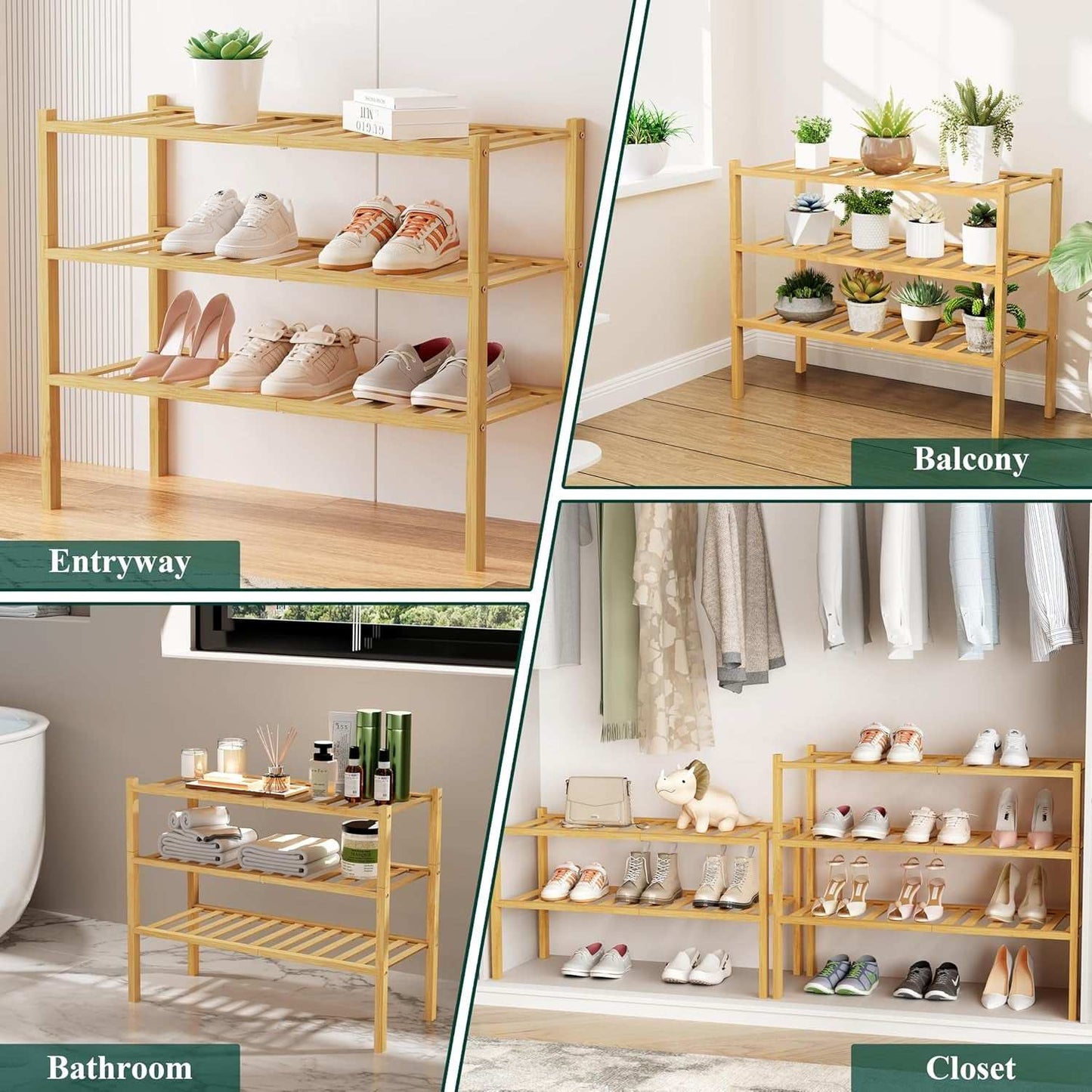 Stylish three-tier bamboo shoe rack in different rooms, showcasing its stackable and versatile design.