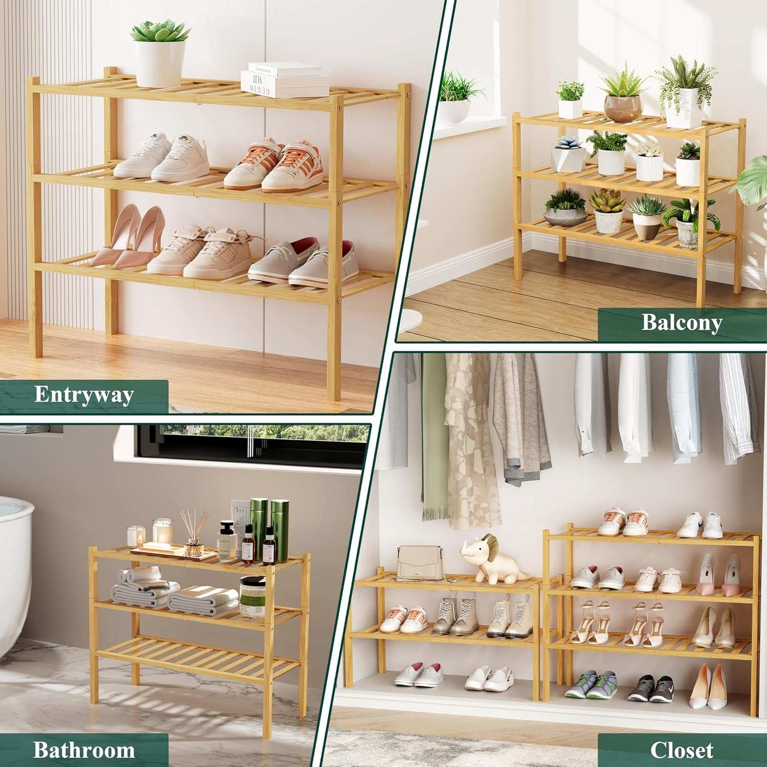 Stylish three-tier bamboo shoe rack in different rooms, showcasing its stackable and versatile design.