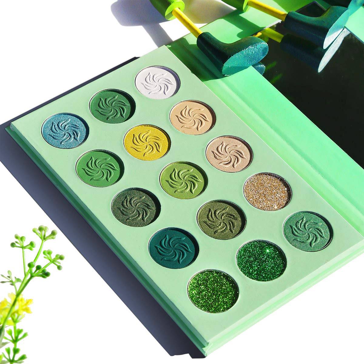Green Eyeshadow Christmas Makeup Set with 15 highly pigmented green and yellow shades, perfect for festive and bold eye looks.