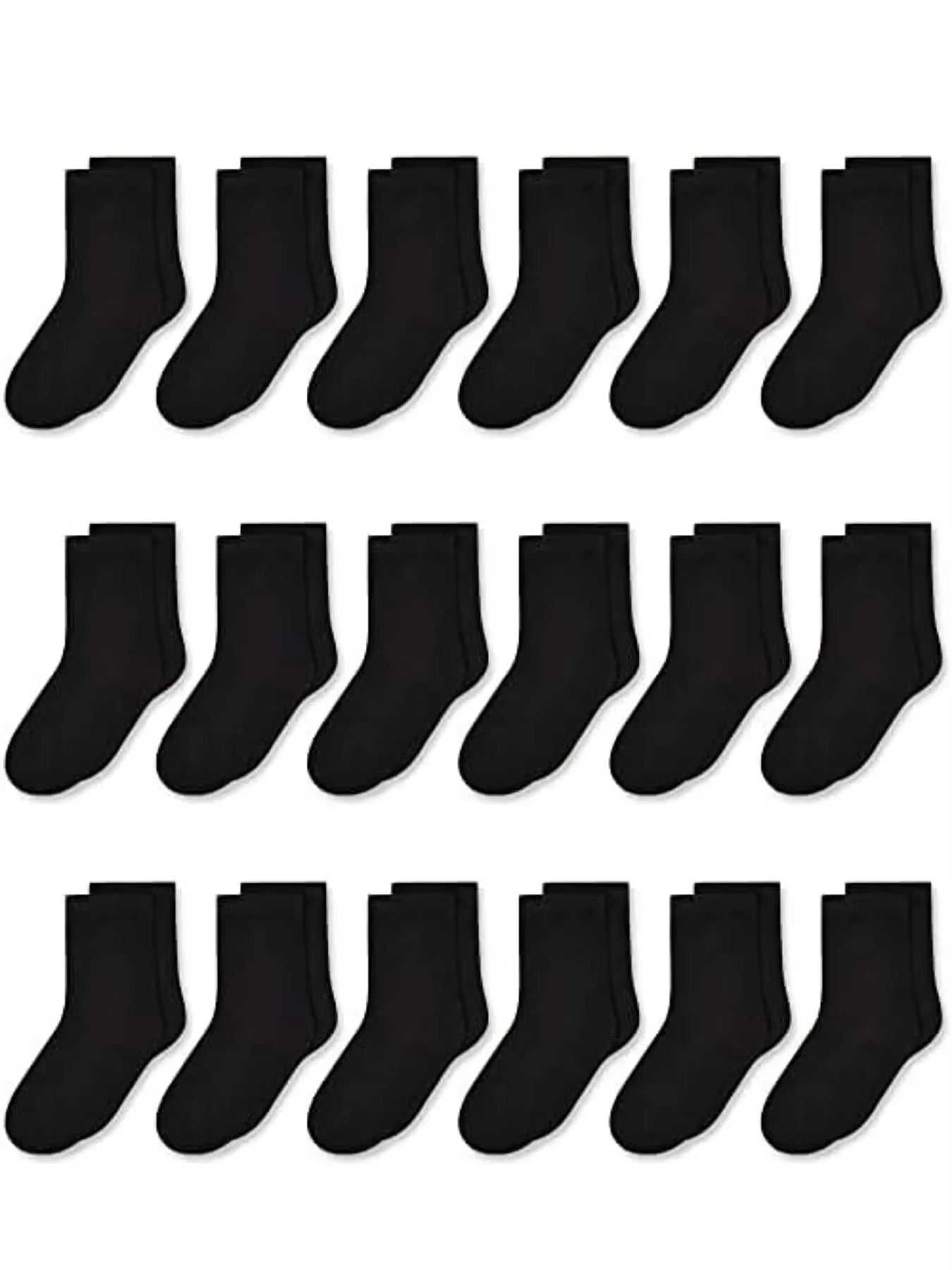 Multipack of kids' athletic socks in black, featuring mid-cut crew design with reinforced heels and toes.