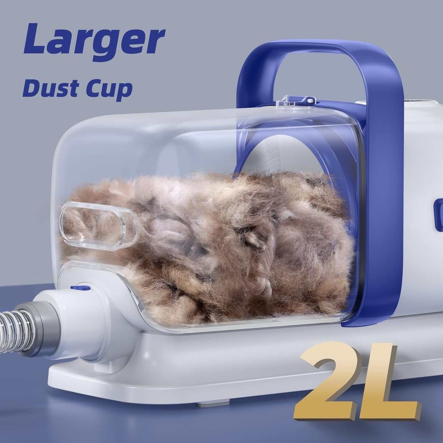 Pet Grooming Vacuum Kit with low-noise clipper, shedding brush, and 2L dust cup for efficient pet hair removal and easy cleanup.