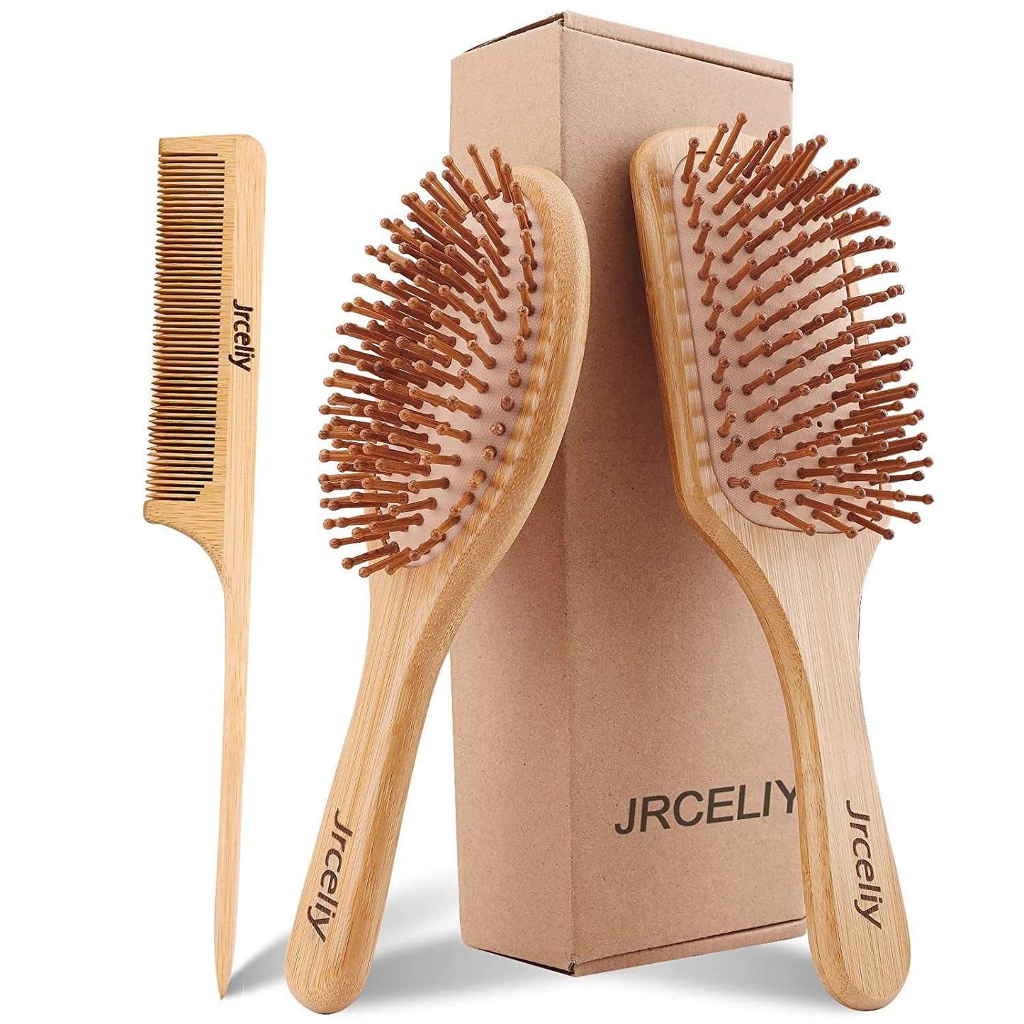 Eco-friendly Bamboo Hair Brush set with comb, featuring anti-static bristles for all hair types.