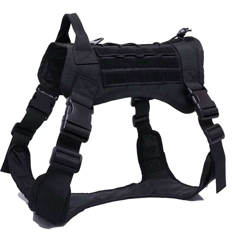Black tactical dog harness with adjustable straps, MOLLE webbing, and quick-release buckles for medium to large active dogs