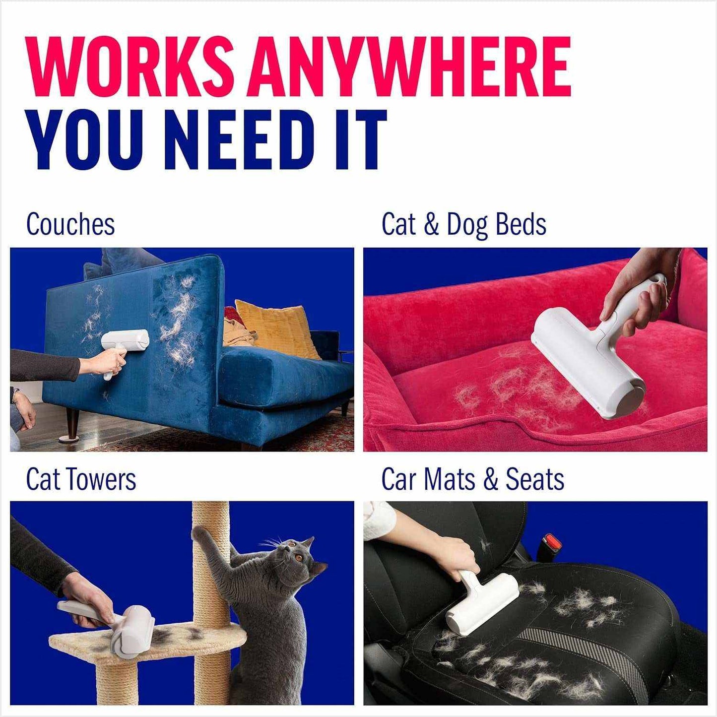 Pet hair remover roller cleaning fur from couches, cat and dog beds, cat towers, and car mats.