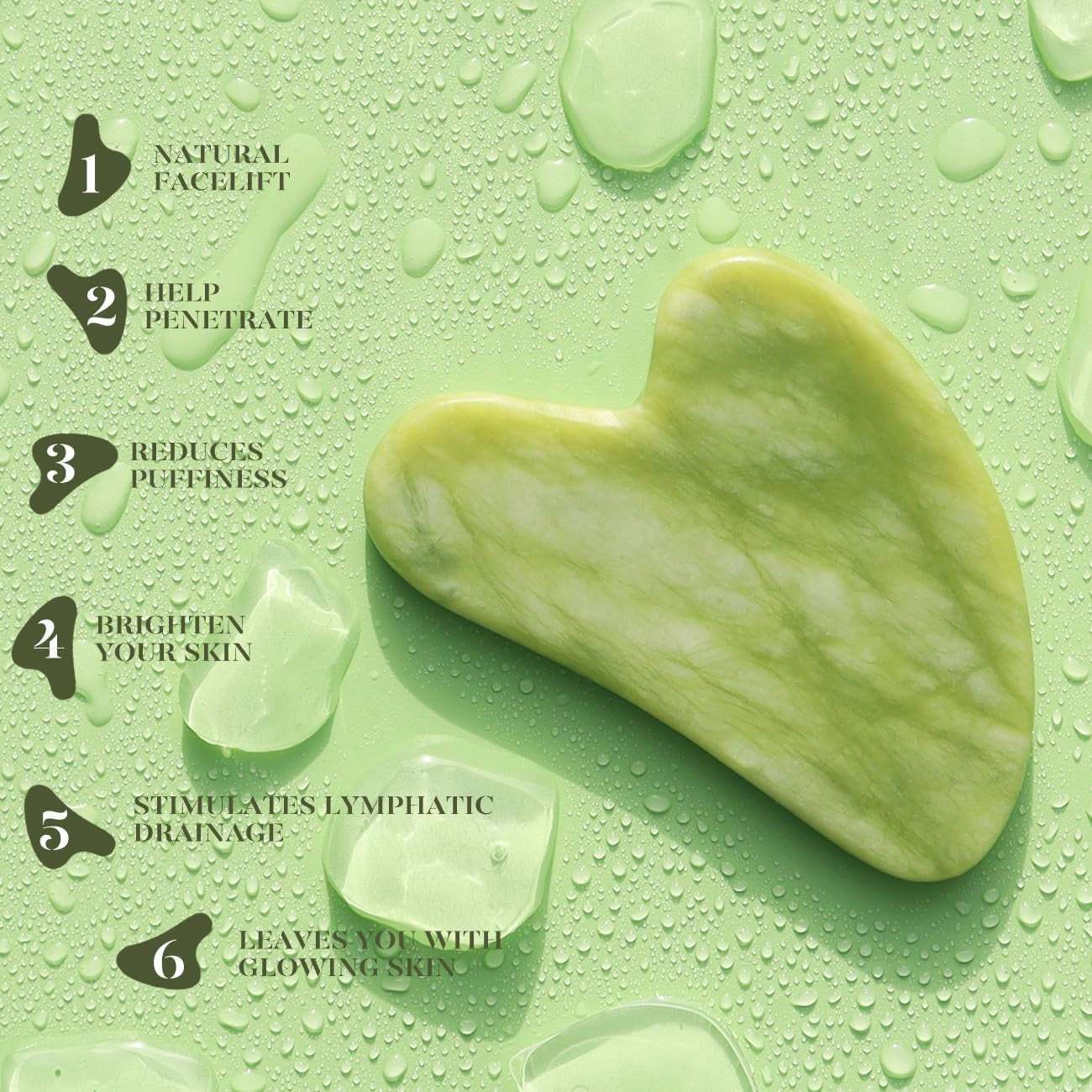 Gua Sha tool on green background with benefits listed: natural facelift, reduces puffiness, brightens skin, stimulates lymphatic drainage.