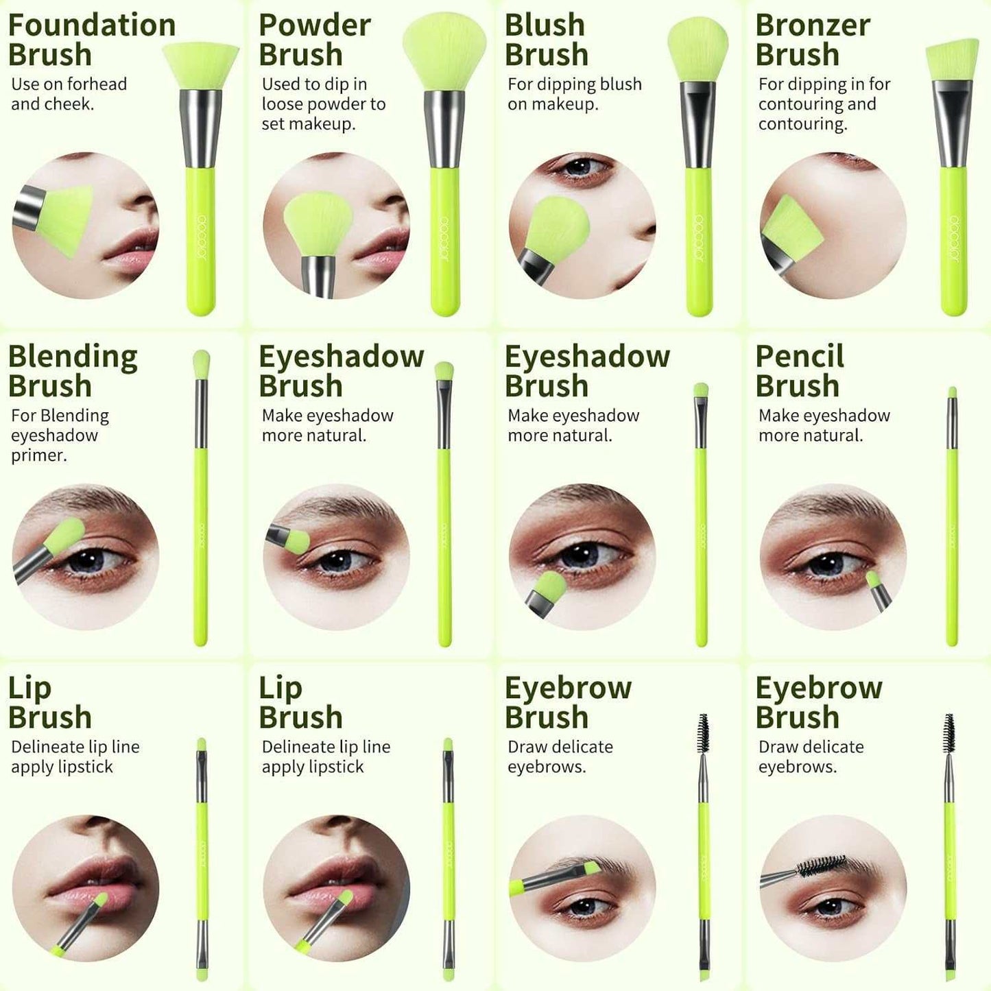 Neon green makeup brush set with synthetic bristles, including foundation, powder, blush, bronzer, blending, eyeshadow, pencil, lip, and eyebrow brushes.