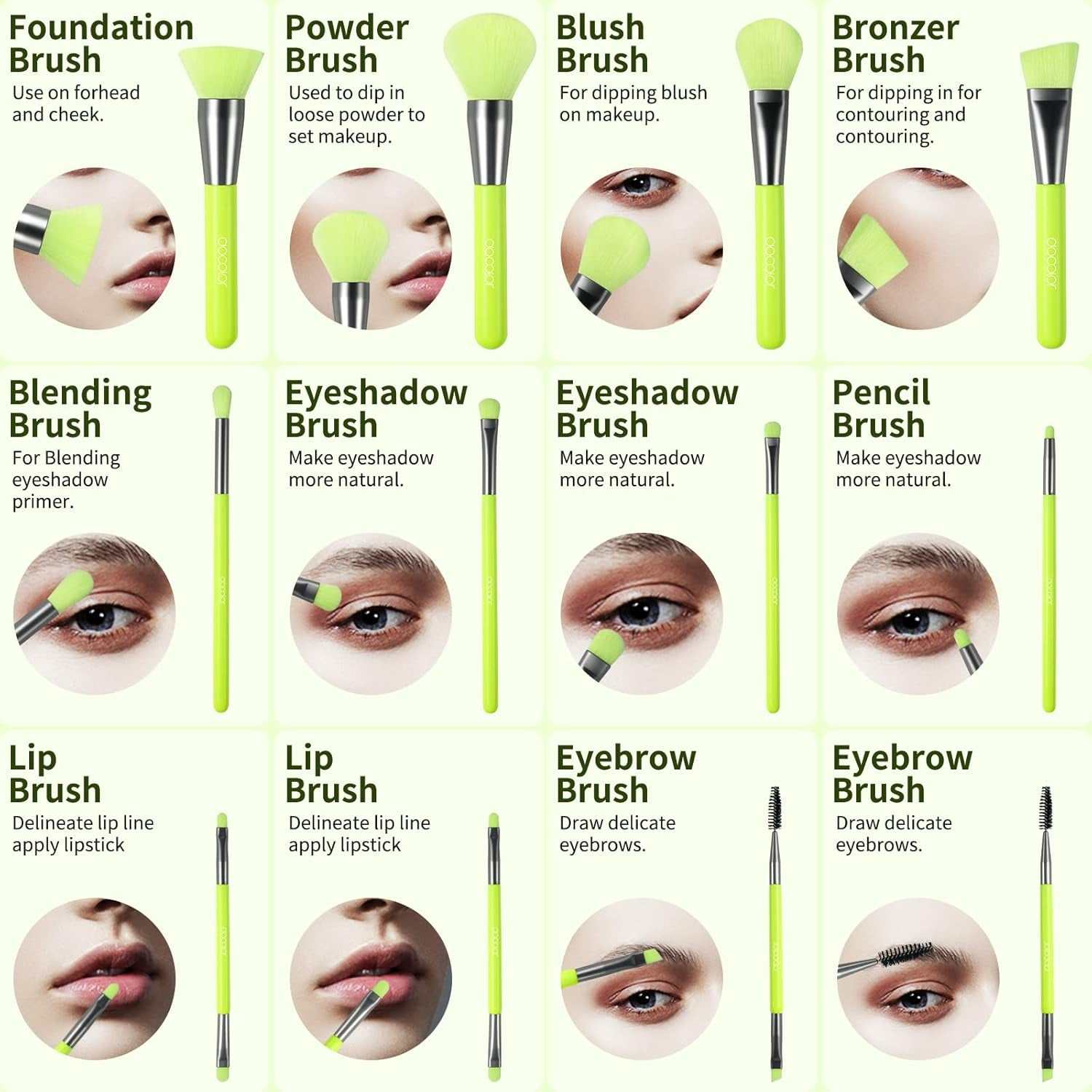 Neon green makeup brush set with synthetic bristles, including foundation, powder, blush, bronzer, blending, eyeshadow, pencil, lip, and eyebrow brushes.