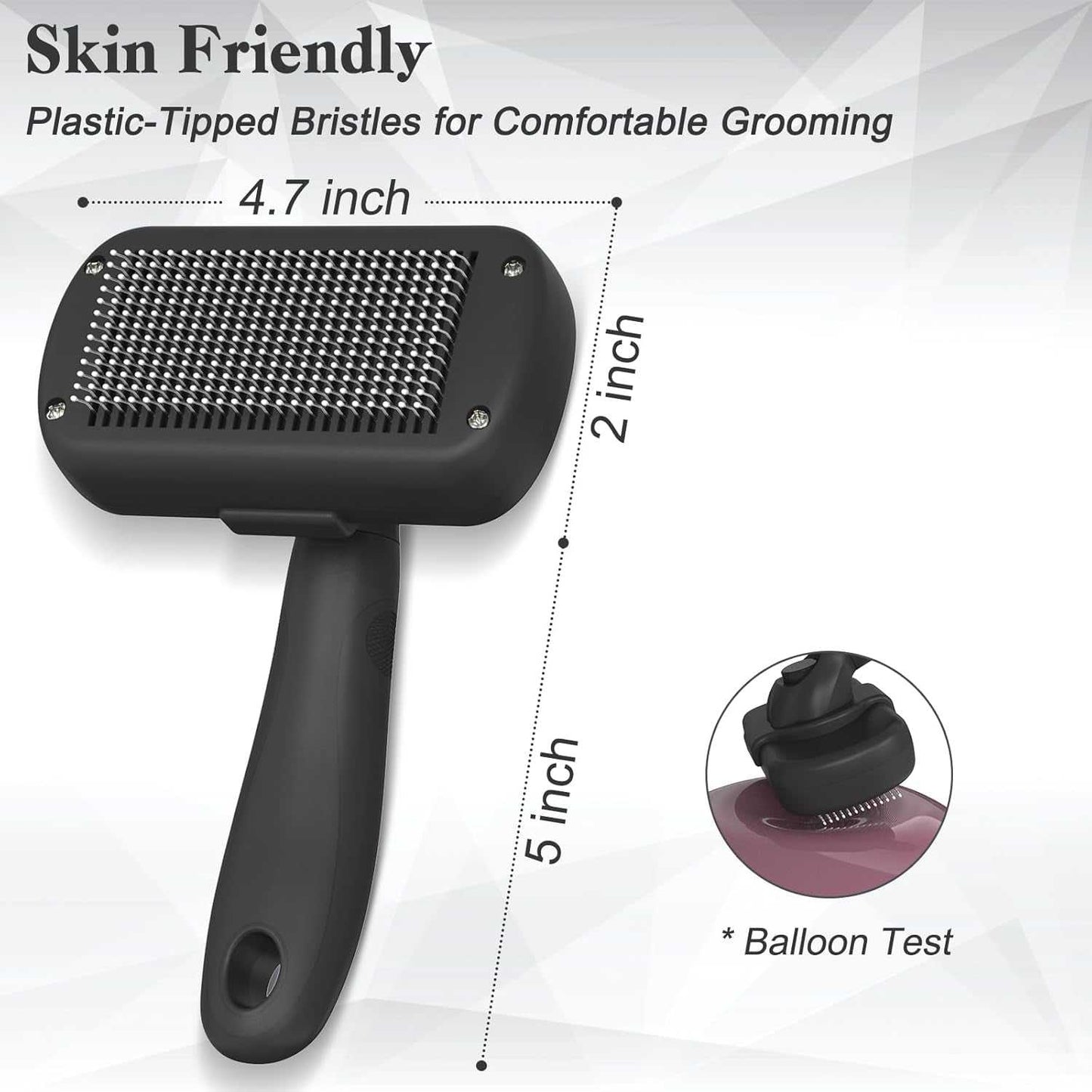 Pet self cleaning brush with skin-friendly plastic-tipped bristles and ergonomic handle for comfortable grooming of dogs and cats.