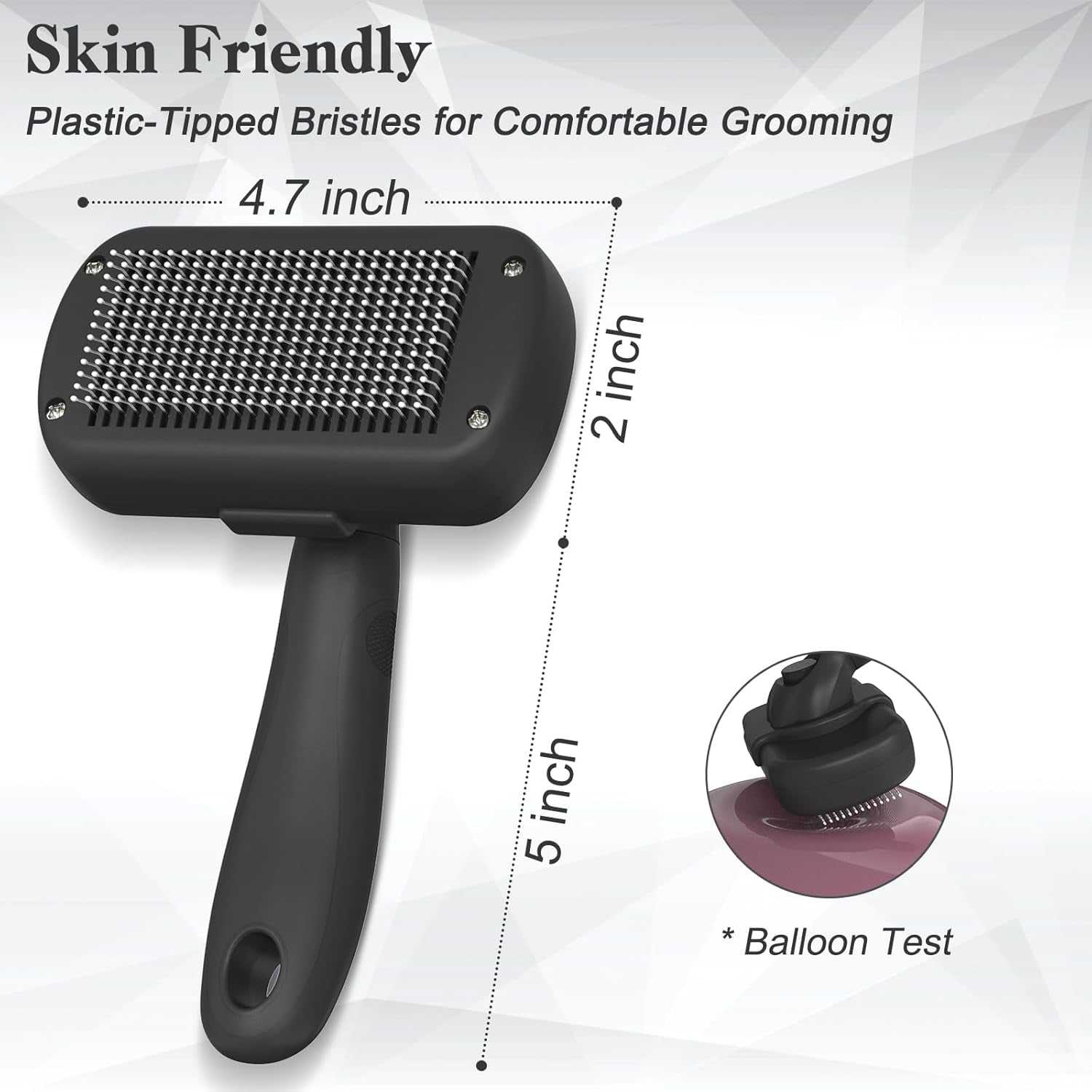 Pet self cleaning brush with skin-friendly plastic-tipped bristles and ergonomic handle for comfortable grooming of dogs and cats.