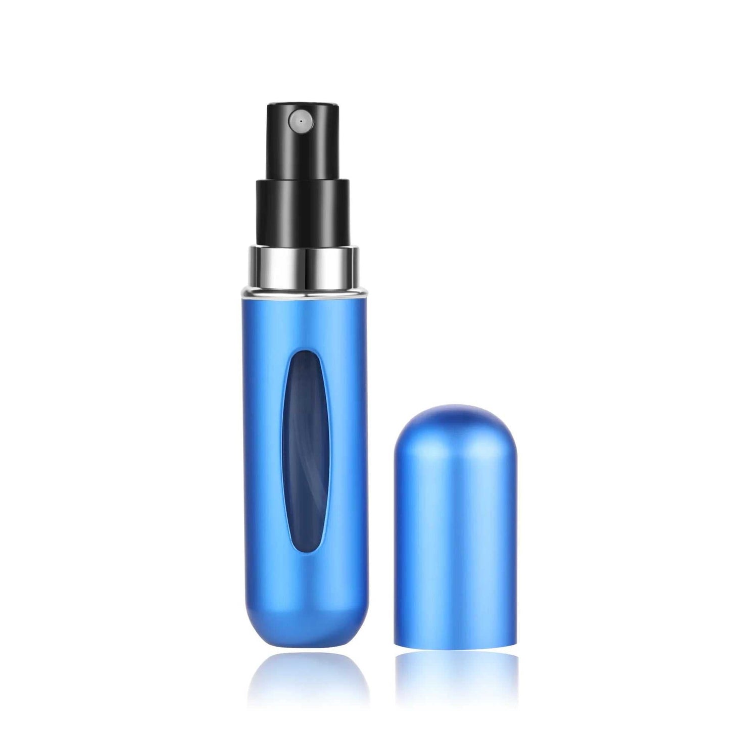 Portable blue 5ml refillable perfume atomizer spray bottle with cap for travel use