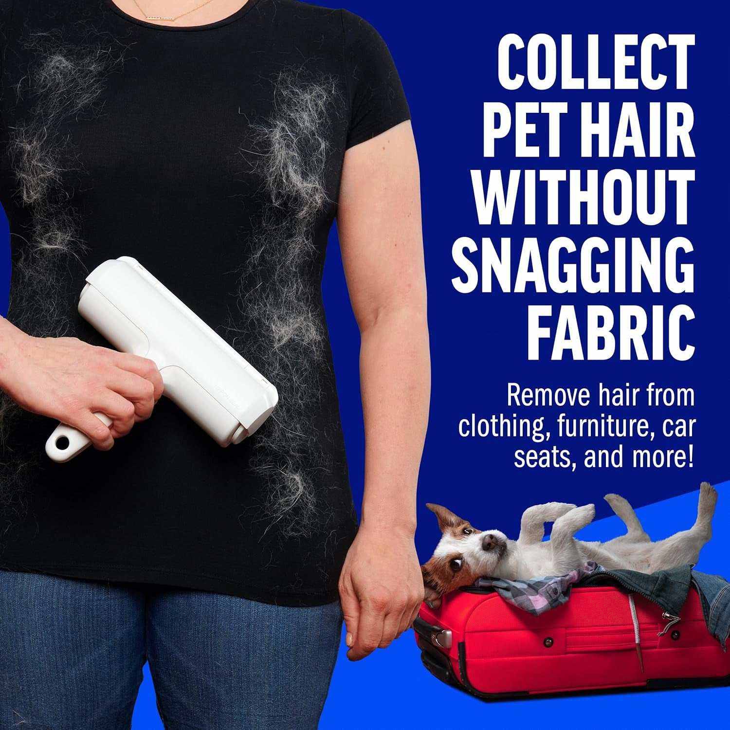 Person using a pet hair remover roller on black shirt to collect pet hair without snagging fabric.