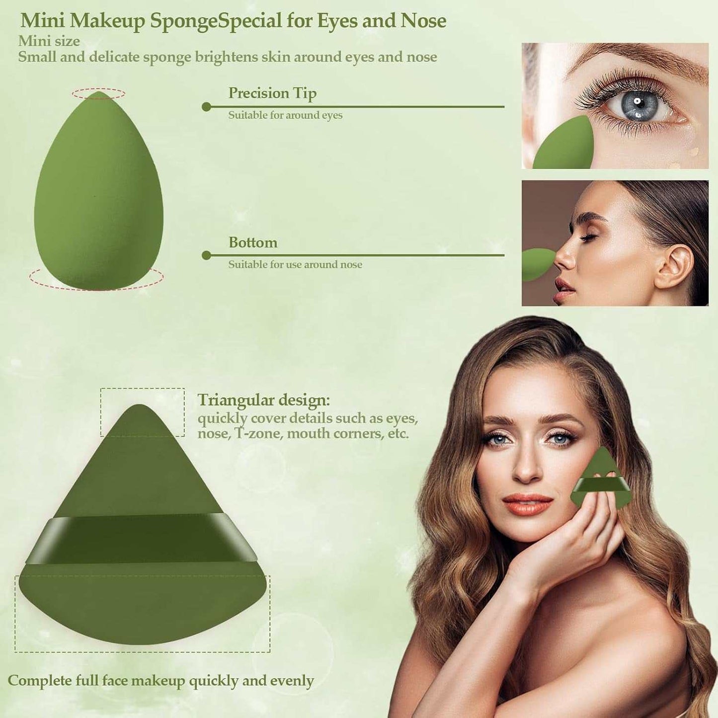 Makeup sponge set with mini precision tip and triangular design for flawless foundation, concealer, and powder application on eyes, nose, and full face.